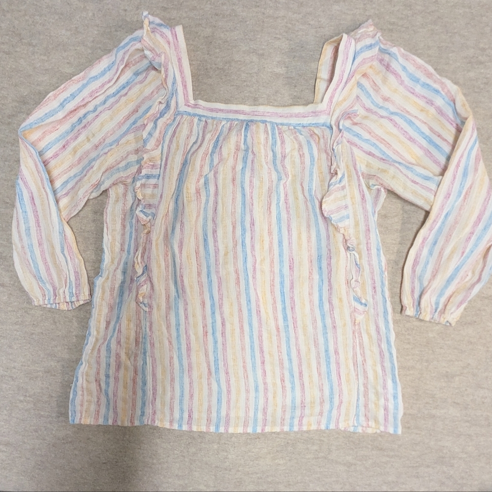 Square Neck Pastel Cotton Blend Stripped Ruffle Top Lightweight Beachy Size L
